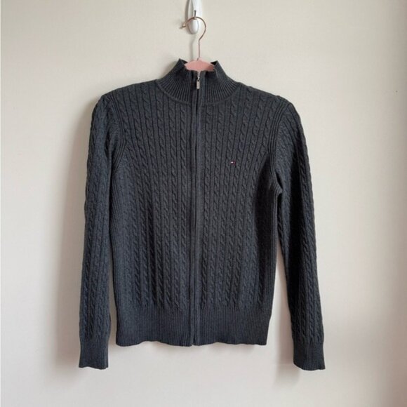 Tommy Hilfiger Dark Gray Classic Cotton Cable Knit Mock Neck Sweater - Picture 1 of 5